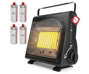 EVOCAMP Chauffage à gaz portable, réchauffeur de camping 1,7 kW, chauffage céramique pour une utilisation en extérieur avec détecteur de manque d’oxygène, avec 4 cartouches de gaz