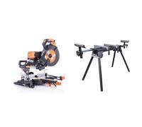 Evolution Power Tools R255SMS-DB+ Scie à onglets coulissante multi-matériaux à double biseau, 255 mm & Power Tools - Support pour Scie à Onglet avec Extensions