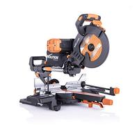 Evolution Power Tools Scie à Onglet Coulissante avec Caractéristiques PLUS - 45-45˚ Double Biseau, 50-50˚ Onglet - Coupe Multi-Matériaux - Le Bois, Plastique, Métal Lame Incluse 255mm - R255SMS-DB+