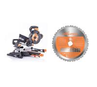 Evolution Power Tools - Scie à Onglets Coulissante Multi-Matériaux R210SMS-300+ avec le Pack Plus, 210 mm (230 V) & Power Tools - Lame Polyvalente en Carbure de Tungstène Rage, 210 mm Orange