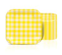 EVYIENEN Lot de 50 assiettes en carton jaunes à rayures - 17,8 cm - Jetables - Carrées - Idéales pour le dîner, dessert, service de fête - Assiettes pour anniversaire, mariage, baby shower, fête de