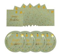 EVYIENEN Lot de 50 Assiettes en Carton Vert Sauge et Serviettes Happy Birthday - Assiettes à Dessert 25 x 17,8 cm et 25 x 16,5 cm, Serviettes de Fête Jetables