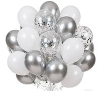 EWODEIEW Ballons argentés et Blancs, 60 pièces avec confettis argentés, Ballons de Mariage argentés métallisés de 30 cm avec Rubans pour Anniversaires, Mariages, Saint-Valentin et Nouvel an