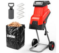 EWORK Déchiqueteuse électrique à bois 15 A, diamètre de coupe max 4,50 cm | 4 lames SK5, rapport de réduction élevé 15:1 avec sac de collecte de 45 L, broyeur efficace pour compost de jardin