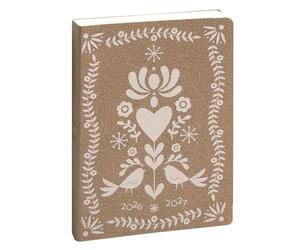 Exacompta Agenda journalier Kraft 12x17cm Août 2026 à juil 2027 Folk blanc | 1 Jour/page la semaine et 2 Jours/page le W nd, Note, Coins détachables, Papier Clairefontaine, Fabriqué en France