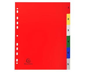 Exacompta - Réf. 2506E - Intercalaires en polypropylène avec 6 onglets imprimés numériques de 1 à 6 en couleur - Page d'indexation imprimable - Format à classer A4 maxi - Dimensions 24,5 x 29,7 cm
