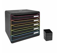 Exacompta - Réf. 308914D - PACK Module de classement Big Box Plus horizon 5 tiroirs Glossy noir/arlequin - Dimensions extérieures 27 x 35,5 x 27,1 cm + 1 pot à crayons PEN CUBE Eco black noir 677014D