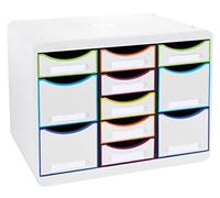 Exacompta - Réf. 313913D - STORE-BOX multi - 1 Caisson 7 tiroirs fins et 4 tiroirs hauts - Dimensions extérieures : Profondeur 27 x largeur 35,5 x Hauteur 27,1 cm - Format paysage - Blanc/arlequin