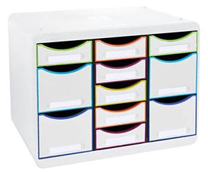 Exacompta - Réf. 313913D - STORE-BOX multi - 1 Caisson 7 tiroirs fins et 4 tiroirs hauts - Dimensions extérieures : Profondeur 27 x largeur 35,5 x Hauteur 27,1 cm - Format paysage - Blanc/arlequin