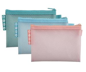 Exacompta - Réf. 37120E - Paquet de 3 pochettes EVA à fermeture éclair en plastique souple - format à classer A6 - Pour ranger des fournitures, accessoires de beauté - 3 couleurs assorties