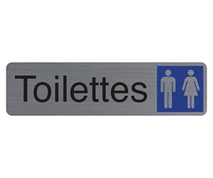 Exacompta - Réf. 67151E - 1 plaque de porte adhésive Toilettes dame/homme - Plaque murale imprimée de signalisation - Sur tous supports - Aspect aluminium brossé - Dimensions : 16,5 x 4,4 cm