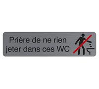 Exacompta - Réf. 67161E - 1 plaque de porte adhésive Prière de ne rien jeter dans ces wc - Plaque murale imprimée - Sur tous supports - Aspect aluminium brossé - Dimensions : 16,5 x 4,4 cm