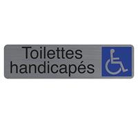 Exacompta - Réf. 67164E - 1 plaque de porte adhésive Toilettes handicapés - Plaque murale imprimée de signalisation - Sur tous supports - Aspect aluminium brossé - Dimensions : 16,5 x 4,4 cm