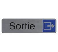 Exacompta - Réf. 67173E - 1 plaque de porte adhésive Sortie - Plaque murale imprimée de signalisation - Sur tous supports - Aspect aluminium brossé - Dimensions : 16,5 x 4,4 cm