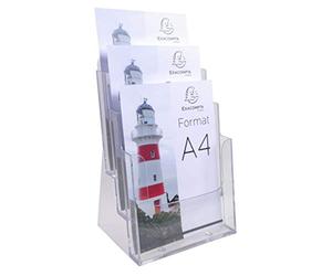 Exacompta - Réf. 74158D - Lot de 4 distributeurs de prospectus sur table - 3 compartiments - Monobloc - Dimensions : Prof.15,5 x larg.23,7 x Haut.33,9 cm - Format à classer A4 - Cristal