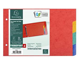 Exacompta - Réf. 804E - Paquet de 10 intercalaires pour fiches bristol en véritable carte lustrée souple 225g/m2 FSC® avec 4 onglets neutres -2 anneaux -Format à classer 148x210mm - couleurs assorties