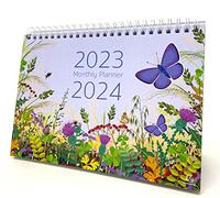 Exacompta - Réf GS010Z - Calendrier mensuel de juillet 2023 à août 2024 - Motif papillon - Mois par page - Comprend les jours fériés britanniques - 210 mm x 150 mm - Tient fermement sur un bureau ou