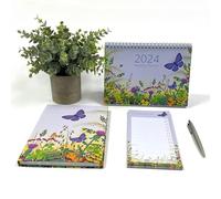 Exacompta - Réf GS036Z - Ensemble d'organisation 2024 - Contient un journal de format A5, un calendrier de bureau (mois par vue) et un bloc-notes pour liste de courses avec motif papillon et fleur