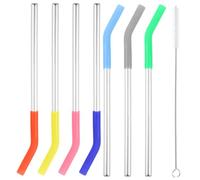 EXAOMBLE Pailles Réutilisables avec Manchons en Silicone Couleur Aléatoire Set de 8 en Acier Inoxydable et Brosse de Nettoyage, Antibrûlure et Portable pour Bureau ou