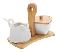 EXAOMBLE Sucrier et Crémier Céramique Blanche avec Plateau Bambou Set Pratique et Décoratif pour Cuisine et Maison