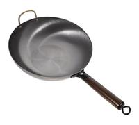 EXAOMBLE Wok en Fer Traditionnel à Fond Plat Noir Cuisine Maison, Multifonction Poignée en Bois, Distribution Uniforme Chaleur, pour Cuisinière Gaz et Randonnée