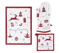 Excelsa Merry Christmas Set textile de cuisine, gant four, manique et torchon, coton, rembourrage polyester