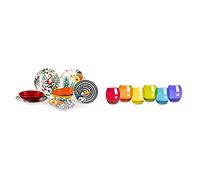 Excelsa Tropical Chic Service Table, Porcelaine, multicolore, 18 unités & San Josè Lot de 6 verres à eau, verre, multicolore