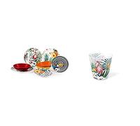 Excelsa Tropical Chic Service Table, Porcelaine, multicolore, 18 unités & Tropical Lot de 6 verres à eau, verre, décorations tropicales