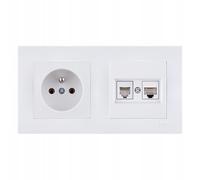 EXEN Ensemble Complet Prise Murale Simple avec Terre Type E 16A 250V + Prise Informatique 1x RJ45 Cat.6 et Téléphonique 1x RJ11 avec Cadre Double KARELL Blanc - All-in-One