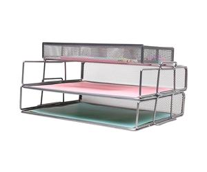 EXERZ Couche De 2 Trieurs De Papier À Mailles Câblées/Organisateur De Bureau avec Diviseur Supplémentaire/Support De Mémo sur Le Dessus - Bureau, École, Étude Multifonctionnelle (Argent Plus)