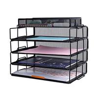 Exerz Lot de 5 organiseurs de Bureau en Maille métallique - Trieur de Papier empilable à 4 étages avec Organiseur d'accessoires 4 Compartiments/Multifonctionnel/Porte-dossiers - Noir