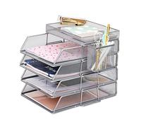 EXERZ Lot de 6 bacs à Papier Comprenant 4 trieurs empilables, 1 Plateau supérieur, 1 Panier latéral - Organiseur de Bureau en Maille métallique - pour Bureau, école