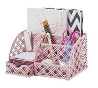 EXERZ maille métal organiseur de bureau avec 7 compartiments et tiroir rose | Compact rangement pour stylos Notes Clips Makeup et Desk Essentials pour maison bureau étude et Dressing Table