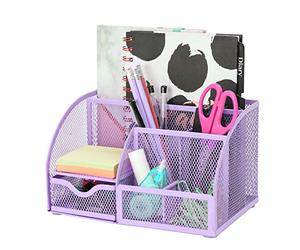 EXERZ métal maille organiseur de bureau 7 compartiments avec tiroir violet | Compact Stationery pot avec Multi Size sections pour Neat étude Work et maison rangement Needs
