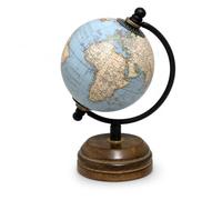 EXERZ Mini globe antique de 8 cm avec base en bois, globe décoratif artisanal (13 cm bleu pâle)