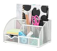 EXERZ organiseur de bureau 7 compartiments métal maille porte stylos pot | Compact blanc bureau rangement pour Notes Clips Scissors Rulers loisirs créatifs outils Makeup étude et maison usage