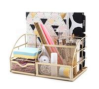 EXERZ organiseur de bureau métal maille 7 compartiments bureau Tidy pot or | Compact or métal maille Design avec tiroir et Multi Size sections pour stylos Notes Papers et maison bureau Items