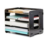 EXERZ Organiseur de fichiers en bois à 4 niveaux pour bureau, fournitures de bureau, porte-documents, devoirs d'étudiant, travail scolaire, bloc-notes, lettres et magazines (noir)