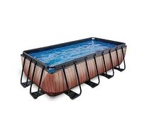EXIT TOYS Piscine Tubulaire Rectangulaire 400 x 200 x 100 cm avec Pompe Filtrante - Piscine Hors Sol pour Familles et Enfants - Bassin Acier TÜV CE en 16582 - Wood Pool - Marron