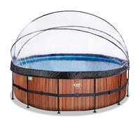 EXIT Toys Piscine Wood avec dôme multifonctionnelle - ø450x122cm - Grande piscine avec pompe à filtre à sable et échelle de piscine - Extra profonde - Pour une eau de piscine propre et chaude - Marron