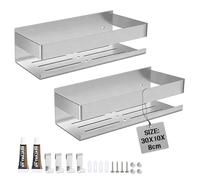 EXLECO 2PCS Étagère Salle de Bain sans Perçage 30 CM Étagère de Douche con 4 Crochets Amovibles Salle de Bain Rangement Murale en Acier Inoxydable Panier Douche Porte Shampoing Douche Couleur Brossée