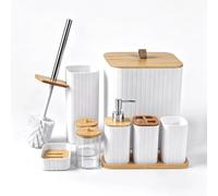 EXLECO 9 Pcs Ensemble Accessoires Salle de Bain avec Brosse de Toilette et Support, 2 Contenants, Poubelle WC, Distributeur Savon, Gobelet, Porte Brosse à Dents, Porte Savon, Organisateur Noir