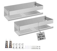 EXLECO Lot de 2 étagères de douche sans perçage - En acier inoxydable - Avec 2 crochets - Panier de douche à percer - Étagère murale pour shampoing, gel douche - 23 cm - Argenté brossé