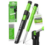 EXPERT DRY Crayon de charpentier avec 11 mines | Avec taille-crayon intégré | Marqueur à trous profonds rechargeable avec jeu de mines graphite | Crayon d'artisan pour bois, verre ou métal | Crayon de