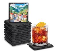 Exquilnova Lot de 12 dessous de verre carrés en ardoise - 10 x 10 cm - Dessous de verre carrés en ardoise - Gravés au laser - Pour tasses, boissons, bar, verre, bougies, décoration de table