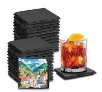 Exquilnova Lot de 24 dessous de verre carrés en ardoise - 10 x 10 cm - Dessous de verre carrés en ardoise - Gravés au laser - Pour tasses, boissons, bar, verre, bougies, décoration de table