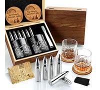 EXREIZST Coffret Whisky avec Pierres réfrigérantes INOX | Coffret cadeau : 2 verres à whisky, 6 pierres inox, pince. Sans dilution. Pour Papa, Mari, anniversaire.