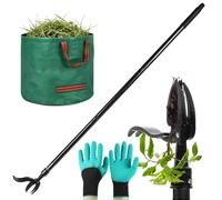 Extracteur de mauvaises herbes à 4 griffes, avec une tige de 1,1 mètre, incluant un sac de ramassage de feuilles de 60 litres