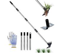 Extracteur de mauvaises herbes avec long manche de 150 cm, râteau manuel 2 en 1 et binette de jardin, outil de désherbage robuste pour jardin, pelouse, cour, terrasse - Désherbeur debout, poteau