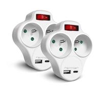 EXTRASTAR Adapteur Fiche Multiprise Biplite avec Interrupteur pour façade, 2 Prise 16A, 1 USB 1 Type C 5V 2.4A, Blanc - Lot de 2